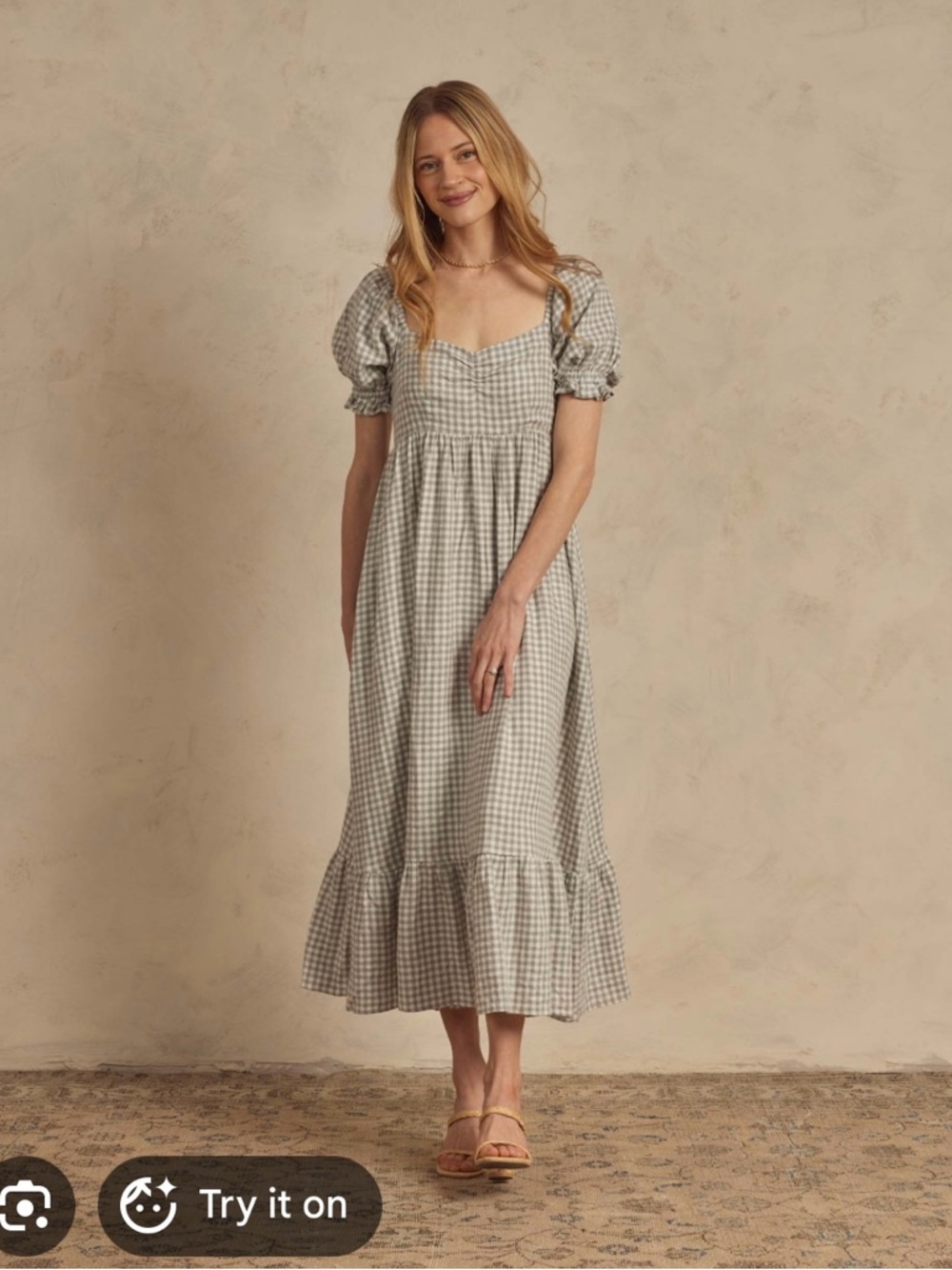 Gingham Puff-Sleeve Midi Dress in Light Gray